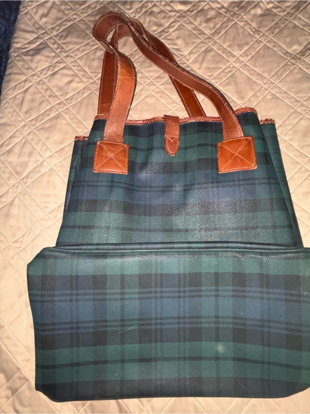 Polo by Ralph Lauren Blackwatch Plaid Tote Bag with Brown Leather Trim - Picture 3 of 7